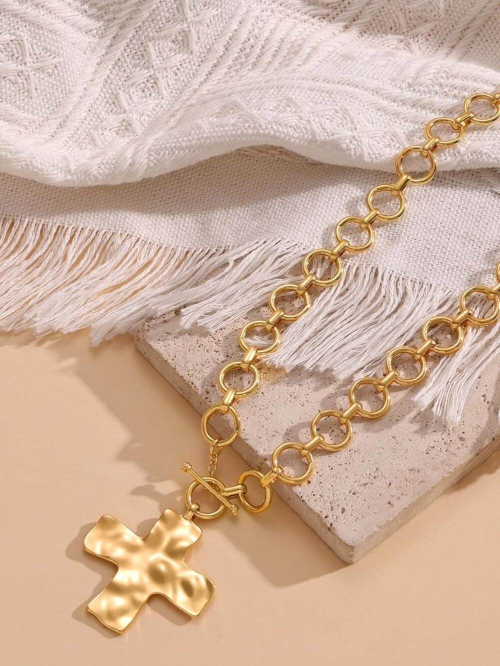 Gold Hammered Cross Pendant Toggle Necklace - Women Jewelry - Picture 7 of 7